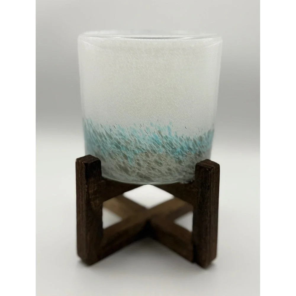 Frosted Ombre Glass Vessel with Wooden X-Base Stand White Blue Coastal Decor